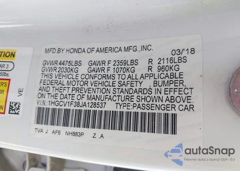 2018 Honda Accord Sport из США, поврежденный, VIN 1HGCV1F38JA128537